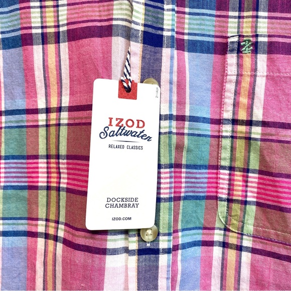 NWT Izod Mens Shirt Medium Short Sleeve Pink Preppy Madras Plaid - Picture 6 of 7